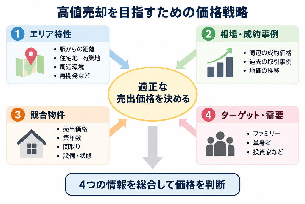エリア特性・相場・競合物件・需要を総合し、適正な売出価格を決める価格戦略の概念図