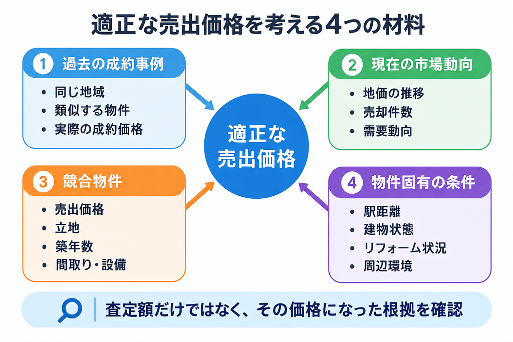過去の成約事例や市場動向、競合物件、物件固有の条件から適正な売出価格を考える4つの材料を示した図解