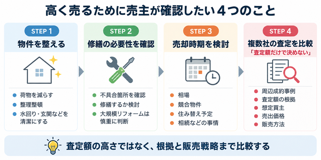 高く売るために物件整理、修繕、売却時期、複数社の査定と販売戦略を順に確認する4ステップ図解