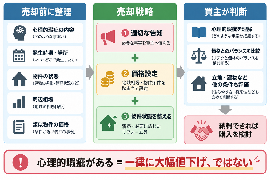 心理的瑕疵物件の売却で、適切な告知・価格設定・物件状態を整え、買主の納得につなげる相関図