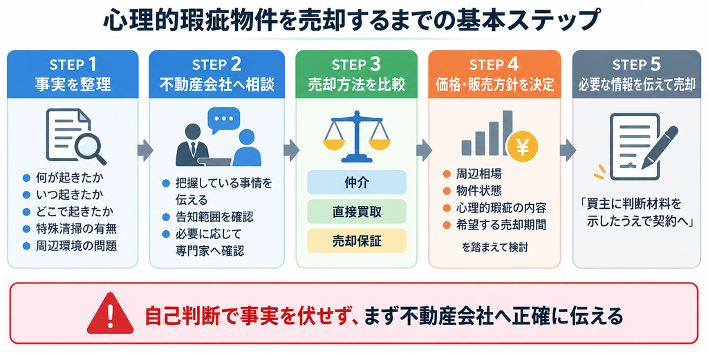 心理的瑕疵物件の事実整理から相談、売却方法比較、価格決定、契約までの5ステップを示した図解