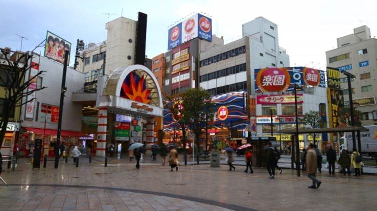 蒲田駅周辺の商業施設や看板が並ぶにぎやかな通り  