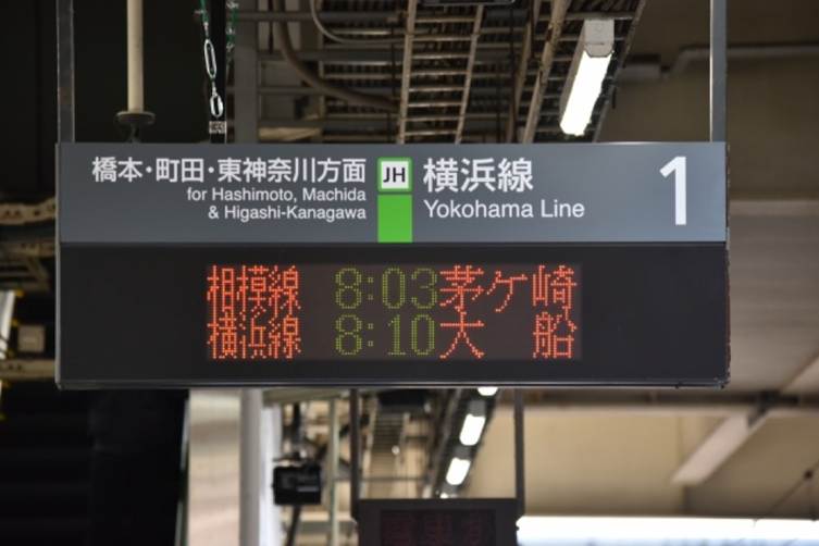 JR横浜線の行き先や時刻が表示された駅ホームの案内板 