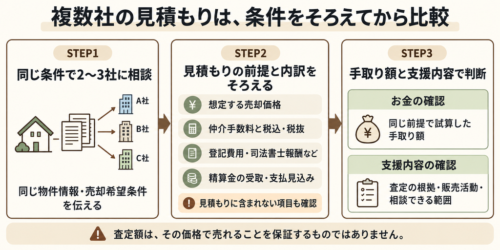 同じ条件で複数社に相談し、見積もりの前提と内訳をそろえ、手取り額と支援内容で判断する手順の図解です。
