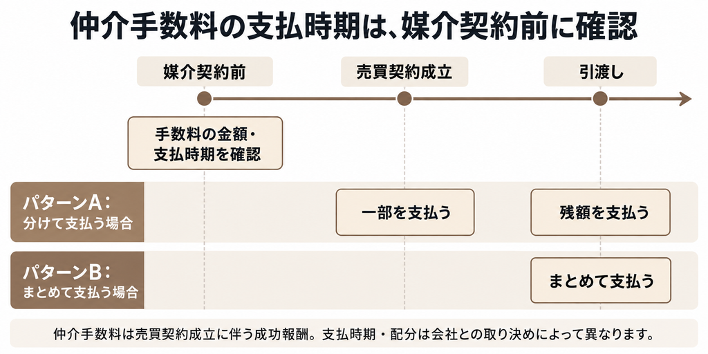 仲介手数料を売買契約時と引渡し時に分けて払う場合と、引渡し時にまとめて払う場合を示した図解です。