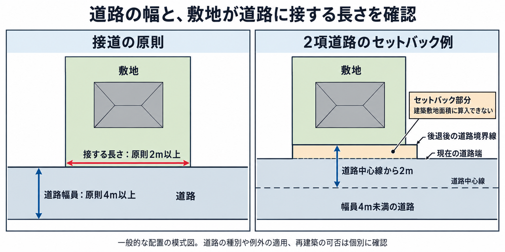 道路幅員と敷地が接する長さの違い、2項道路の中心線から後退する位置、セットバック部分の扱いを示した平面図。