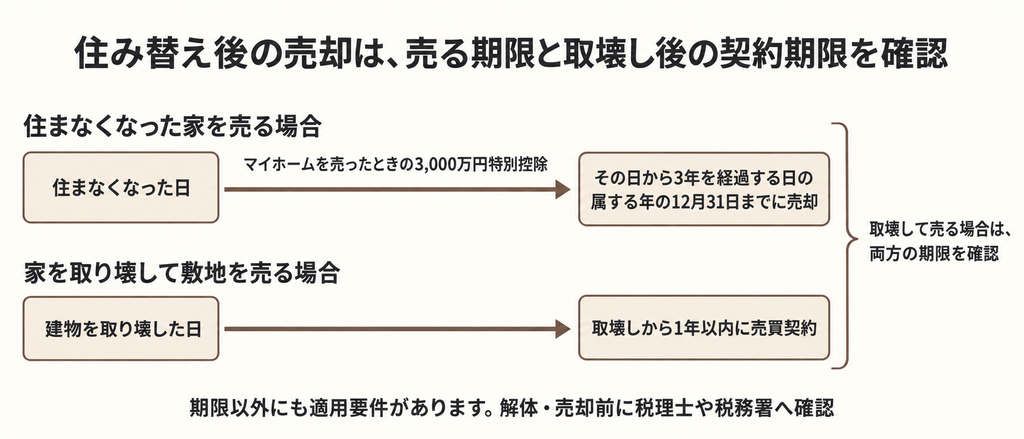 住まなくなった日を起点とする売却期限と、建物を取り壊した日から1年以内の売買契約期限を分けて示した図。