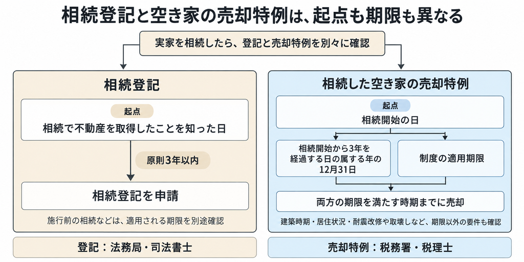 相続登記は取得を知った日、空き家の売却特例は相続開始日を起点とし、異なる期限と相談先を確認することを示す図。