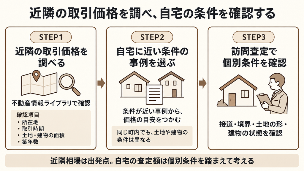 不動産情報ライブラリで近隣の取引価格を調べ、条件の近い事例を選び、訪問査定で自宅の個別条件を確認する手順。