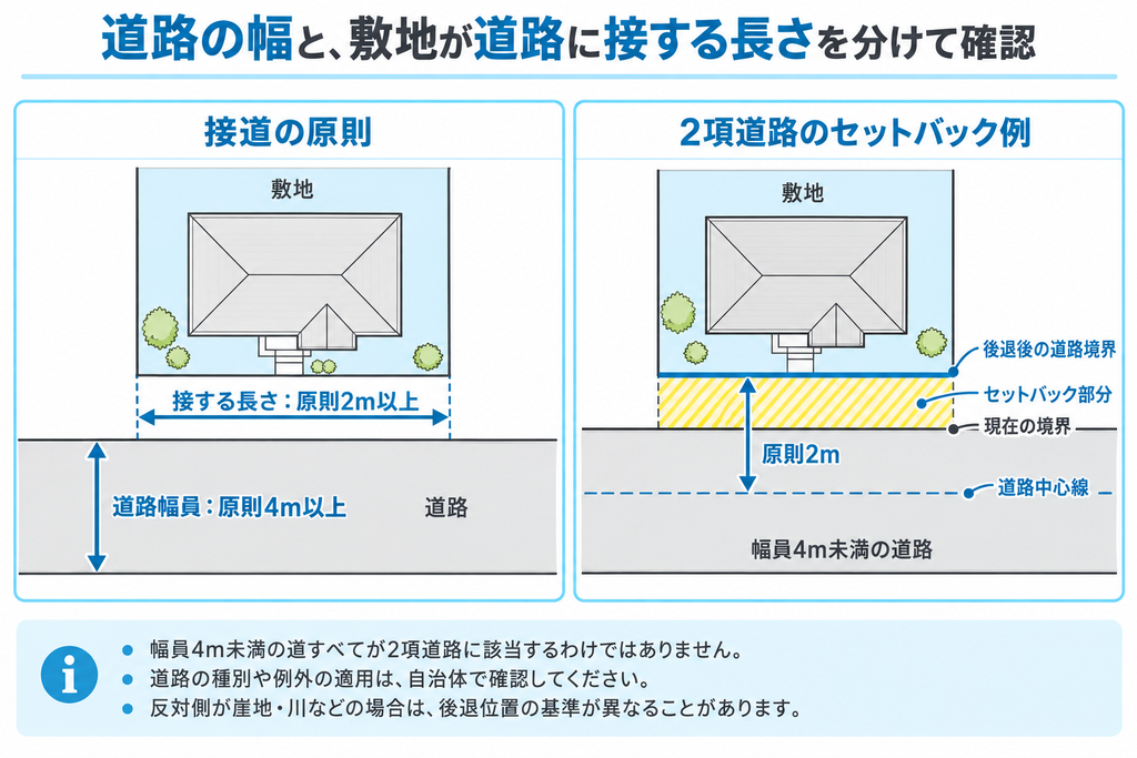 接道の原則である道路幅員四メートルと接道長さ二メートル、二項道路でのセットバックの位置を平面図で示した図