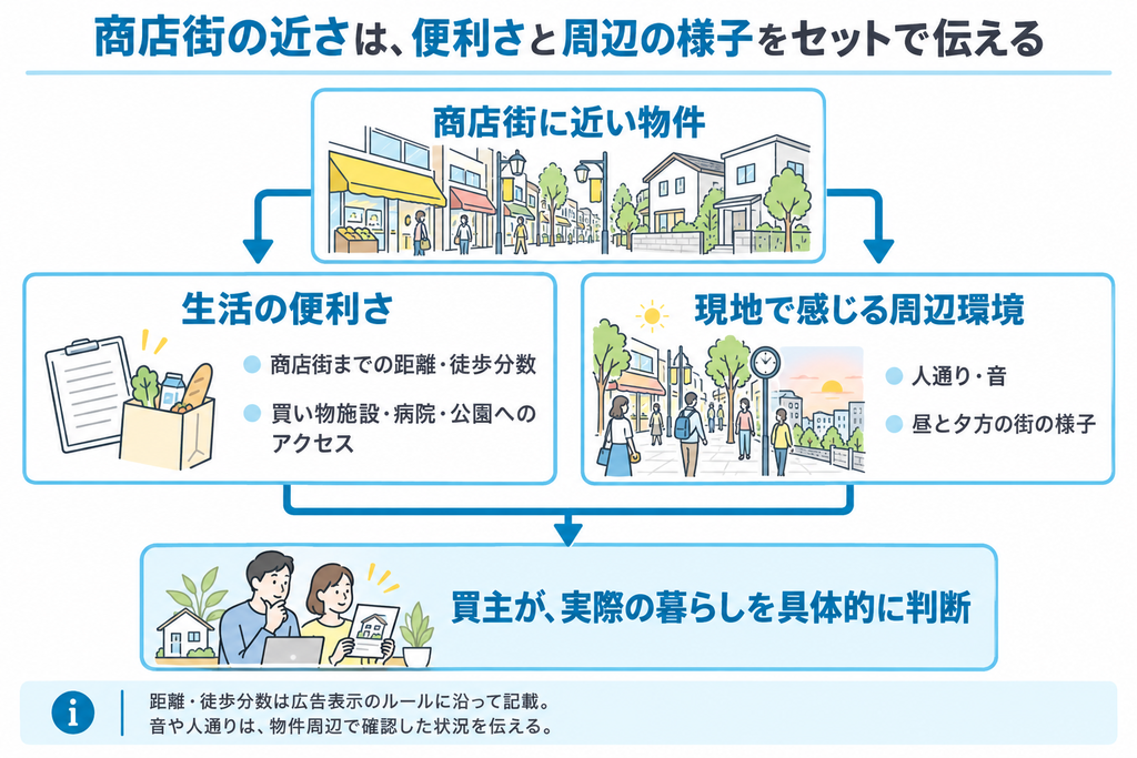 商店街に近い物件について、生活施設への距離と時間帯別の人通りや音を合わせて伝え、暮らしの判断を支える図解