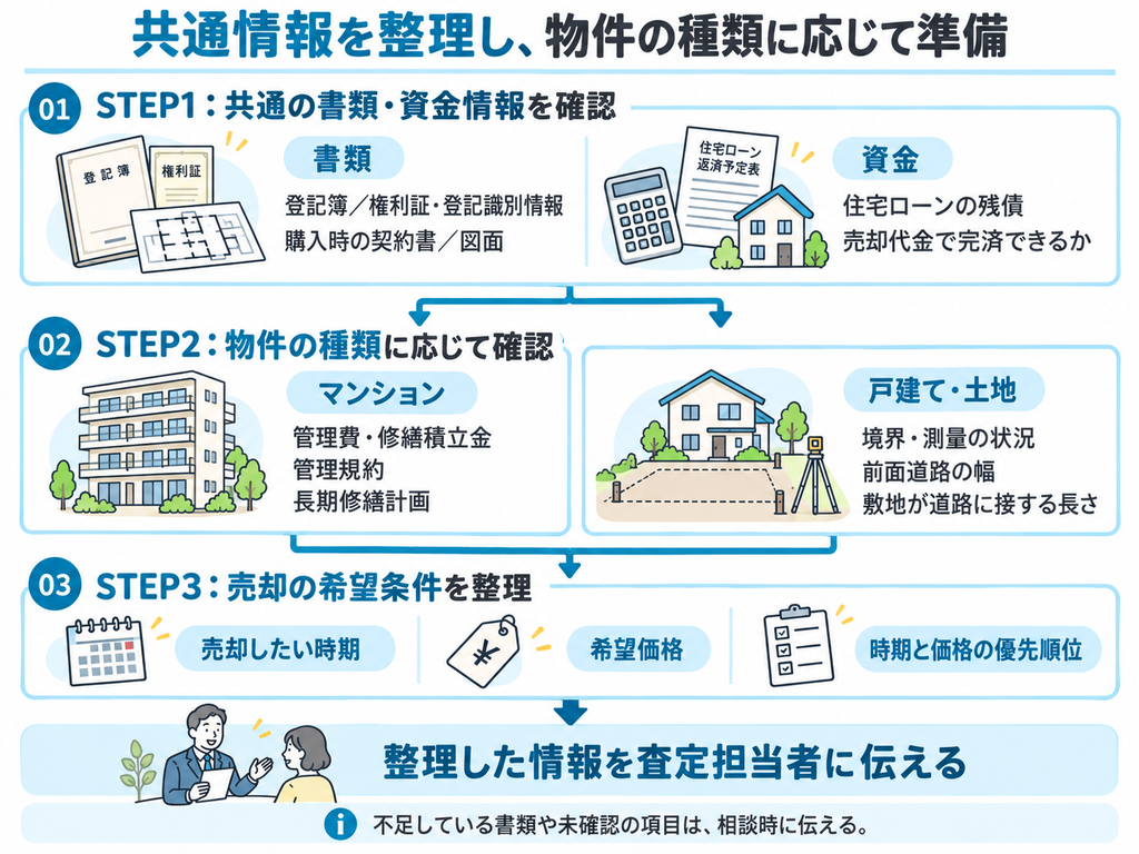 査定前に共通の書類とローン残債を確認し、物件別の情報と売却時期や希望価格の優先順位を整理する手順を示す図
