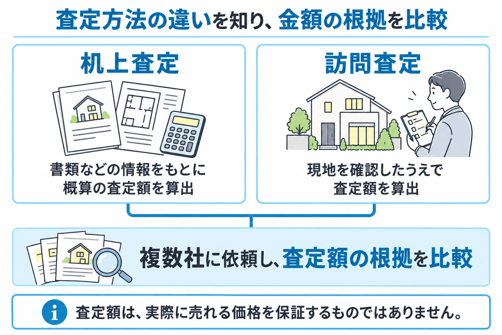 書類をもとに概算を出す机上査定と現地を確認する訪問査定を比べ、査定額は成約価格の保証ではないと伝える図解