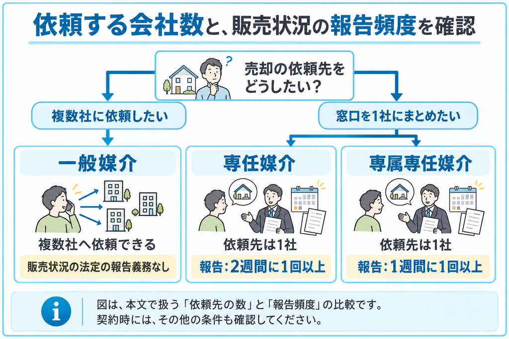複数社に依頼する一般媒介と一社に依頼する専任媒介、専属専任媒介を分岐させ、販売状況の報告頻度の違いを示す